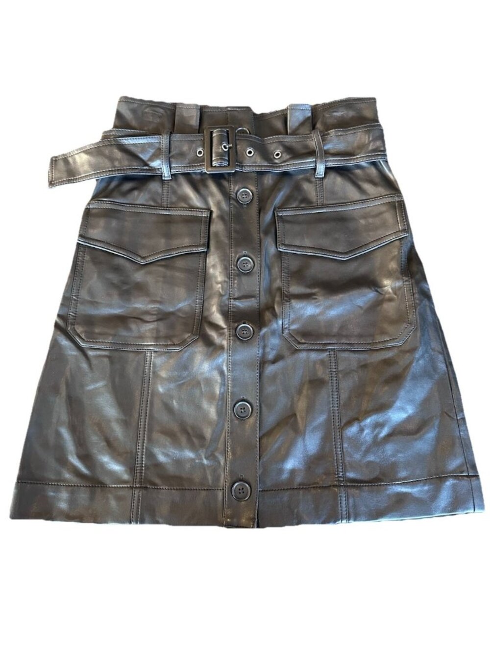 Banana Republic Black Faux Leather Belted Mini Skirt Buttons Size 6T NWT